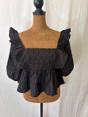 STORIA Black Ruffle Puff Sleeve Square Neck Peplum Top S
